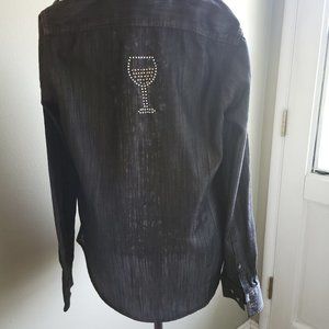 Upcycled denim shirt with wine glass